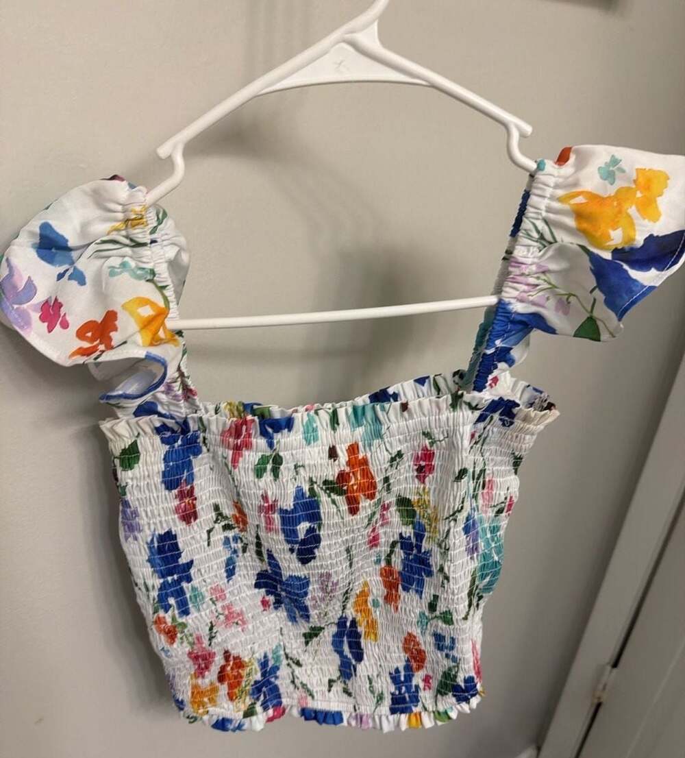 Cake For Dinner Floral Smocked Crop Top Flutter Sleeve Ruffle Small